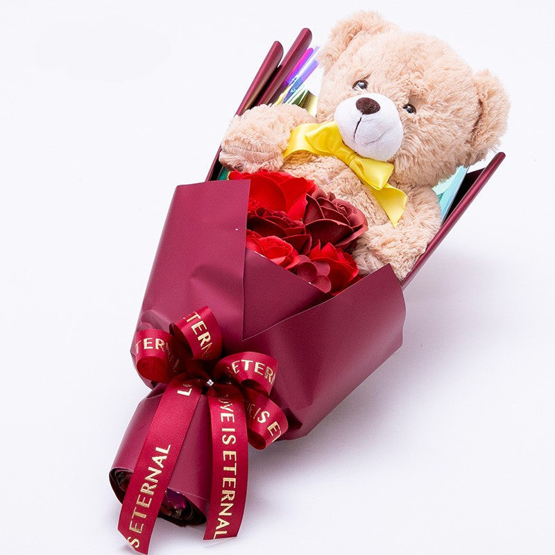 Soap Flower Bouquet with Teddy Bear