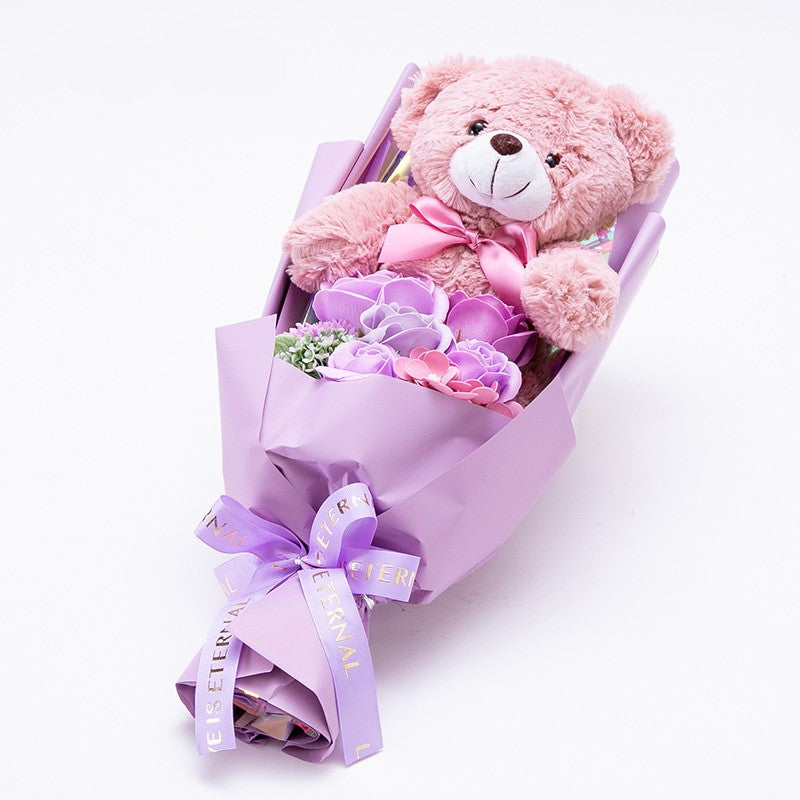 Soap Flower Bouquet with Teddy Bear