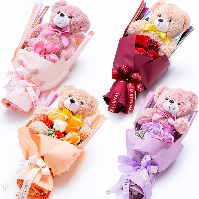 Soap Flower Bouquet with Teddy Bear