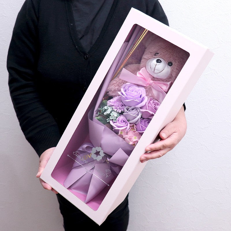 Soap Flower Bouquet with Teddy Bear