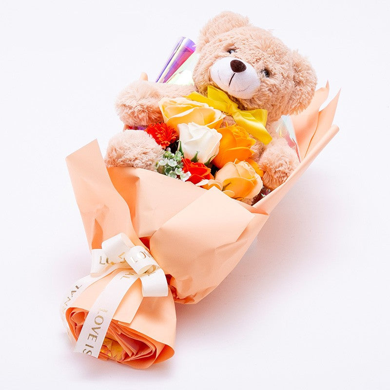 Soap Flower Bouquet with Teddy Bear