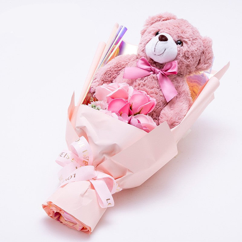 Soap Flower Bouquet with Teddy Bear
